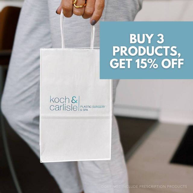Stock up this summer on your favorite skincare with our NEW product special: buy 3 products, get 15% off of your purchase! ✨

We have a variety of medical-grade skincare available at Koch & Carlisle Plastic Surgery, and our aestheticians are happy to pair you with the right products.

From now until October 1, you can save 15% when you purchase 3 skincare products; this includes: facial cleansers, toner, growth factors, retinol, moisturizers, serums and sunscreen. 

Prescription products such as Latisse, Tretinoin, and Upneeq are not valid with this special.

To learn more about our new quarter special, head on over to our website: https://www.kochandcarlisle.com/news-specials/