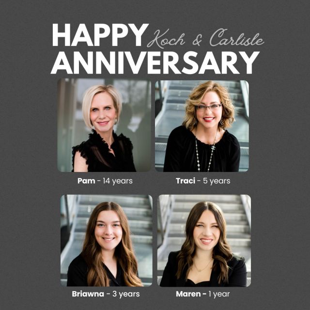 This month, we want to congratulate and celebrate four of our team members on their September Koch & Carlisle anniversaries:

👏 Pam - 14 years
👏 Traci - 5 years
👏 Briawna - 3 years
👏 Maren - 1 year

Your dedication and willingness to help our patients and team out make a huge difference every day. You are all so appreciated! 

Congratulations on your anniversary!