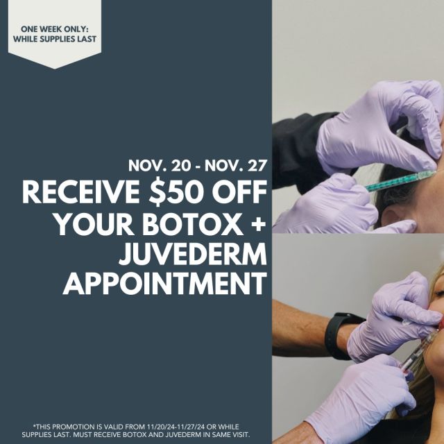 In honor of Botox Day on November 20, we're offering an ADDITIONAL discount while supplies last! 

For one week only, starting Wednesday, Nov. 20: save $50 when you receive Botox and Juvederm injections together! This offer begins Nov. 20 and is available until Nov. 27, or while supplies last! 

Secure an appointment and save on injections by calling Koch & Carlisle Plastic Surgery: 515-277-5555.