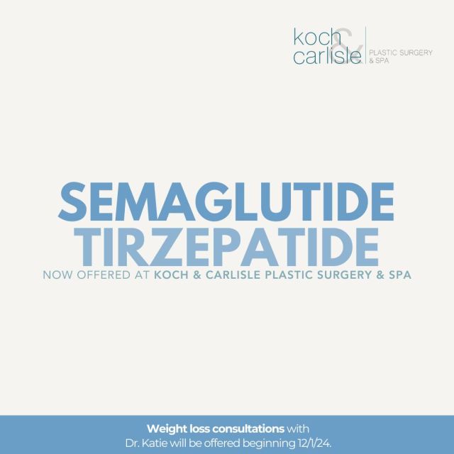 The weight is over. 👏

Weight loss management is the first service we're offering with our new Concierge Medicine program. 

Beginning Dec. 1, Dr. Katie, of Koch & Carlisle Plastic Surgery, will offer patients a variety of weight loss options including Semaglutide and Tirzepatide.

Semaglutide and Tirzepatide work by stimulating insulin production in the pancreas after you eat, which slows the process of emptying your stomach, signaling to your body that you are full.

This reduces your appetite and controls blood sugar levels, helping you lose weight. 

When you feel less hungry, it is easier to control cravings and stick to a healthier diet. Eating less and exercising more help support your weight loss efforts.

A weight loss consultation with Dr. Katie is required to determine if you are a candidate for either Semaglutide or Tirzepatide.

Weight loss injection consultations can be booked by calling Koch & Carlisle Plastic Surgery: 515-277-5555.