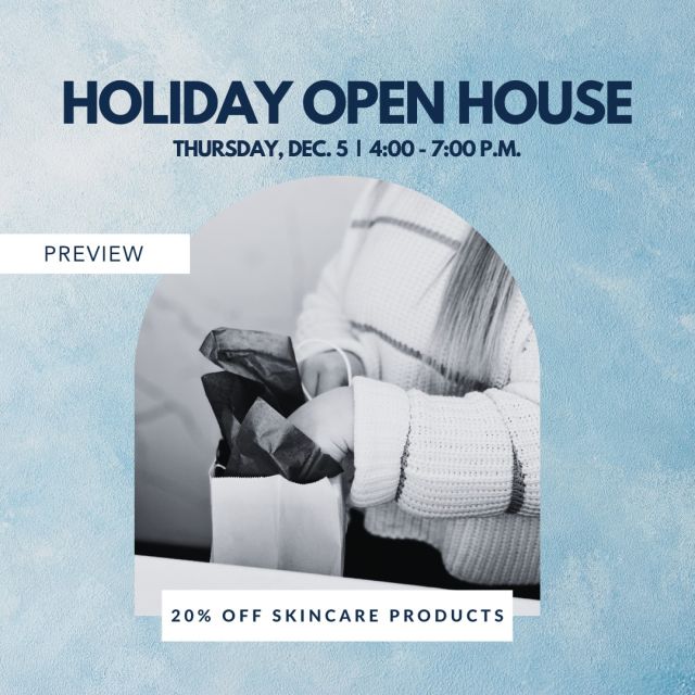 We are two weeks away from our Holiday Open House! 

To celebrate, we're unveiling exclusive promotions happening during our event on Thursday, Dec. 5 from 4-7 p.m.!

A fan favorite? Save 20% (!!) on skincare products during our Holiday Open House! Start the new year strong with your favorite products, or snag a few products for holiday gifts. 🫶

RSVP to our Holiday Open House to be entered into a special giveaway: ask@kochmd.com.