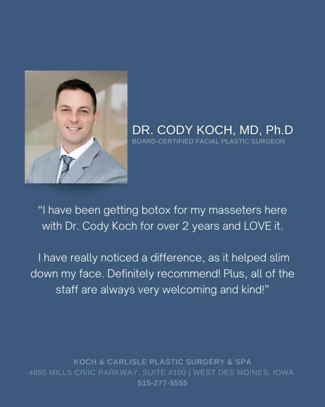 Curious about cosmetic injections? We offer complimentary injection consultations at Koch & Carlisle Plastic Surgery & Spa!

Our BOTOX Cosmetic, DAXXIFY, and Jeuveau patients typically desire a subtle yet noticeable improvement in their look but don’t feel that surgery is necessary. This treatment is commonly used to:

➖Soften the vertical creases between the eyebrows
➖Smooth deep forehead wrinkles
➖Diminish crow’s feet at the outer corners of the eyes

Other areas that may respond to BOTOX Cosmetic, Jeuveau, and DAXXIFY include wrinkles around the mouth and nose, as well as the neck.

Interested in meeting with one of our providers? We encourage you to call Koch & Carlisle Plastic Surgery & Spa to set up your consultation: 
➡ 515-277-5555

Koch & Carlisle Plastic Surgery & Spa is located at 4855 Mills Civic Parkway in West Des Moines, Iowa.