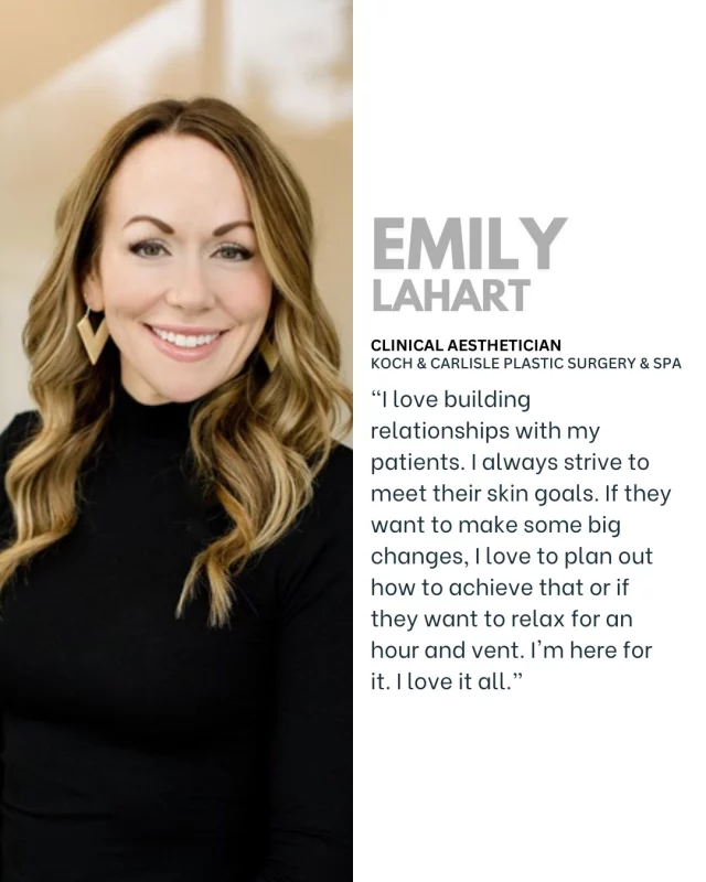 Meet Emily: a Clinical Aesthetician at Koch & Carlisle Plastic Surgery & Spa! ✨

At the heart of Emily's practice is a genuine love for connecting with patients. Whether you're looking to make significant changes to your skin or simply want an hour of relaxation and a listening ear, Emily is here to support you. 

When it comes to treating patients, Emily's favorite service to perform is the Hero BBL. 

"It's good for overall skin health. I also get to see changes happening on the skin as I treat, and it's very gratifying," Emily said. "It can make a big impact in one treatment with minimal to no downtime."

Interested in scheduling a complimentary skincare consultation with Emily? Inquire here:
➡ 515-277-5555
➡ https://www.kochandcarlisle.com/contact-us