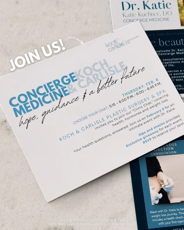 Join us for an evening clinic chat led by Dr. Katie on Thursday, Feb. 6!

This event will cover our Concierge Medicine program, which includes addressing health concerns, weight loss, and hormone therapy. Sips and snacks will be provided! Attendees will receive a complimentary consultation with Dr. Katie, in addition to an exclusive offer.

We are offering TWO sessions for our event:
* 5:15 p.m. | 45 minutes
* 6:00 p.m. | 45 minutes

Please RSVP to the session you would like to join by clicking the link below: 
➡ https://shorturl.at/C126A

We can't wait to see you there!