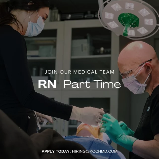 We are growing our team and looking for a part-time RN to fill a vital role in our clinic. 

The ideal candidate will have surgical experience and will provide care to our patients, pre- and post-operatively. This position will work in both clinic and surgery, and requires working with patients in person, over phone, or email. 

We are open Monday-Friday, 8-5pm. This position would work up to 24 hours/week.

Interested candidates are encouraged to email their resume to: 
➡ hiring@kochmd.com

Koch & Carlisle Plastic Surgery & Spa is located at 4855 Mills Civic Parkway, Suite #100 in West Des Moines, Iowa.