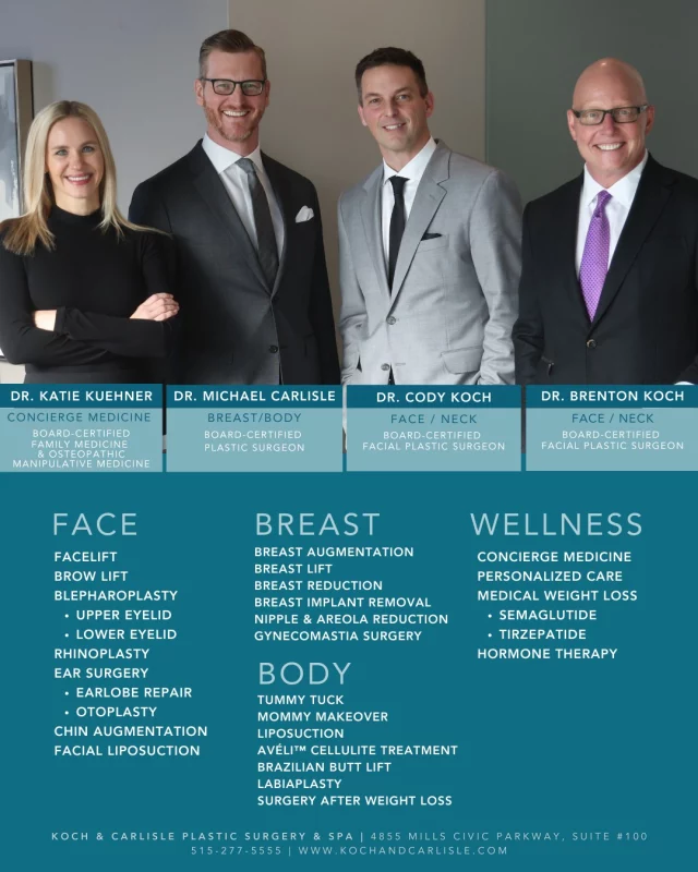 New group photo! ✨

At Koch & Carlisle, our highly skilled team includes board-certified facial plastic surgeons, Dr. Brenton Koch and Dr. Cody Koch; board-certified plastic surgeon Dr. Michael Carlisle, who specializes in breast and body procedures; and Dr. Katie, who is board-certified in family medicine and osteopathic manipulative medicine, offering personalized concierge care, including weight loss and lifestyle coaching.

Consultations can be booked by calling Koch & Carlisle Plastic Surgery:
➡ 515-277-5555
➡ Inquire online: https://www.kochandcarlisle.com/contact-us/

Check out our online "Before & After" photo gallery:
➡ https://www.kochandcarlisle.com/photo-gallery/

Koch & Carlisle Plastic Surgery & Spa is located at 4855 Mills Civic Parkway, Suite #100 in West Des Moines, Iowa.