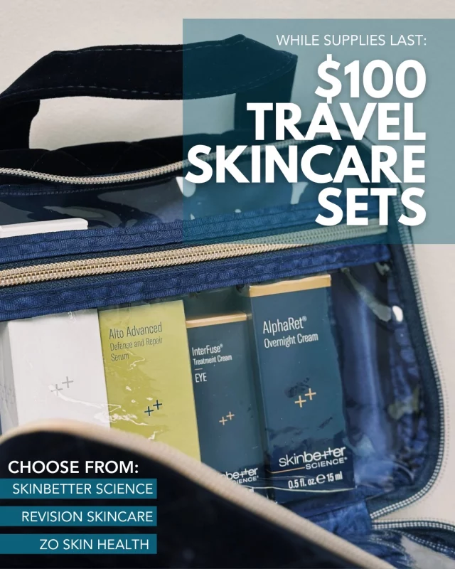 You don't want to miss this: score a travel skincare set for $100! 🙌

While supplies last, we're offering travel skincare sets from some of our favorite brands:
➖SkinBetter Science
➖Revision Skincare
➖Zo Skin Health

These travel skincare sets are now available at our medical spa, located on the second floor of our building: 4855 Mills Civic Parkway, Suite #200 in West Des Moines. 

Interested in seeing what's available? We're happy to help: 515-277-5555 | press #2 for our medical spa.